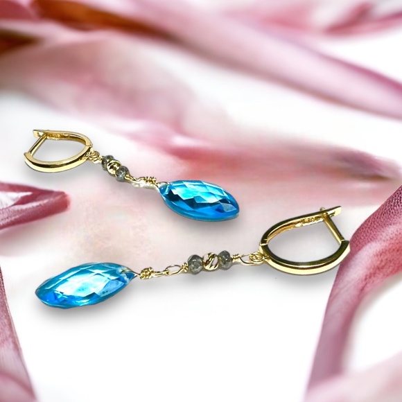 18k Gold Swiss Blue Topaz Earrings - Celebrate December Birthstone Brilliance - Picture 5 of 9